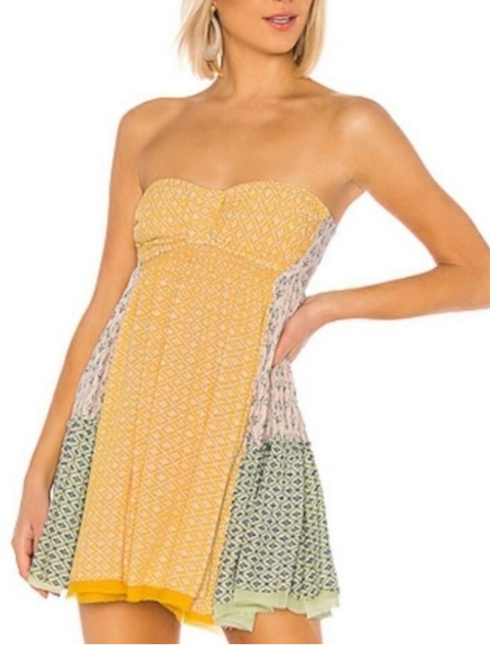Free People Brand Size Small Strapless Across The Sea Dress Yellow Patchwork